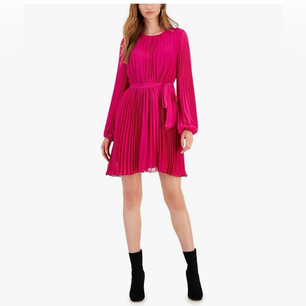 Sam Eldeman Hot Pink Long Sleeve Pleated Mini Dress Size 12 Dress